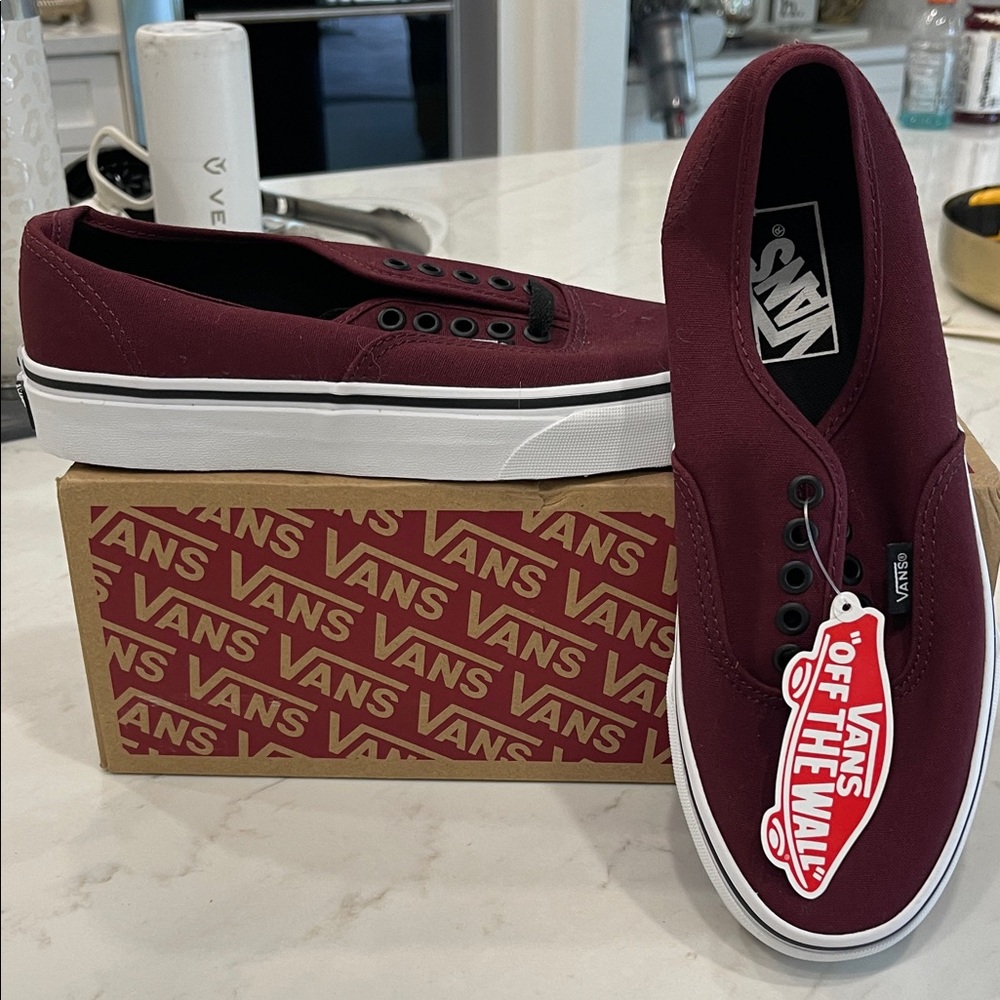 New in Box Vans Men Slip-On Sneakers - Burgundy with White 7 Mens 8.5 Women